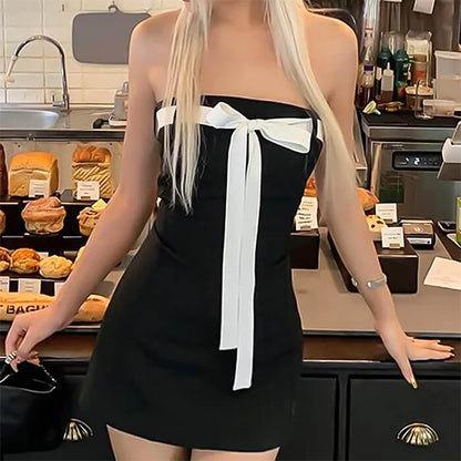 Strapless Contrast Bow Ribbon Tail Mini Dress