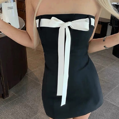 Strapless Contrast Bow Ribbon Tail Mini Dress