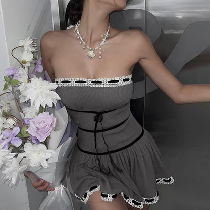 Eyelet Lace Trim Ribbon Bow Gathered Skirt Tube Mini Dress