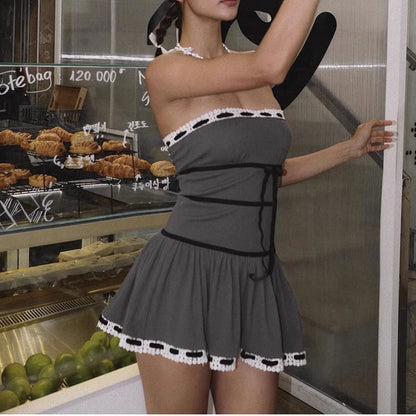 Eyelet Lace Trim Ribbon Bow Gathered Skirt Tube Mini Dress
