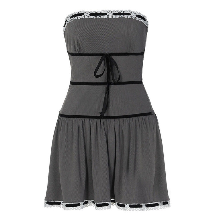 Eyelet Lace Trim Ribbon Bow Gathered Skirt Tube Mini Dress