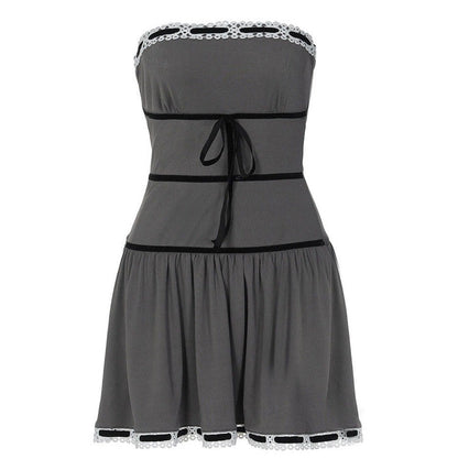 Eyelet Lace Trim Ribbon Bow Gathered Skirt Tube Mini Dress