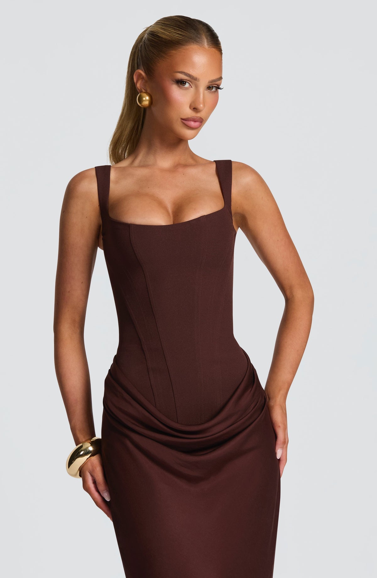 Corset Bodice Draped Hip Wide Strap Floor Length Maxi Dress