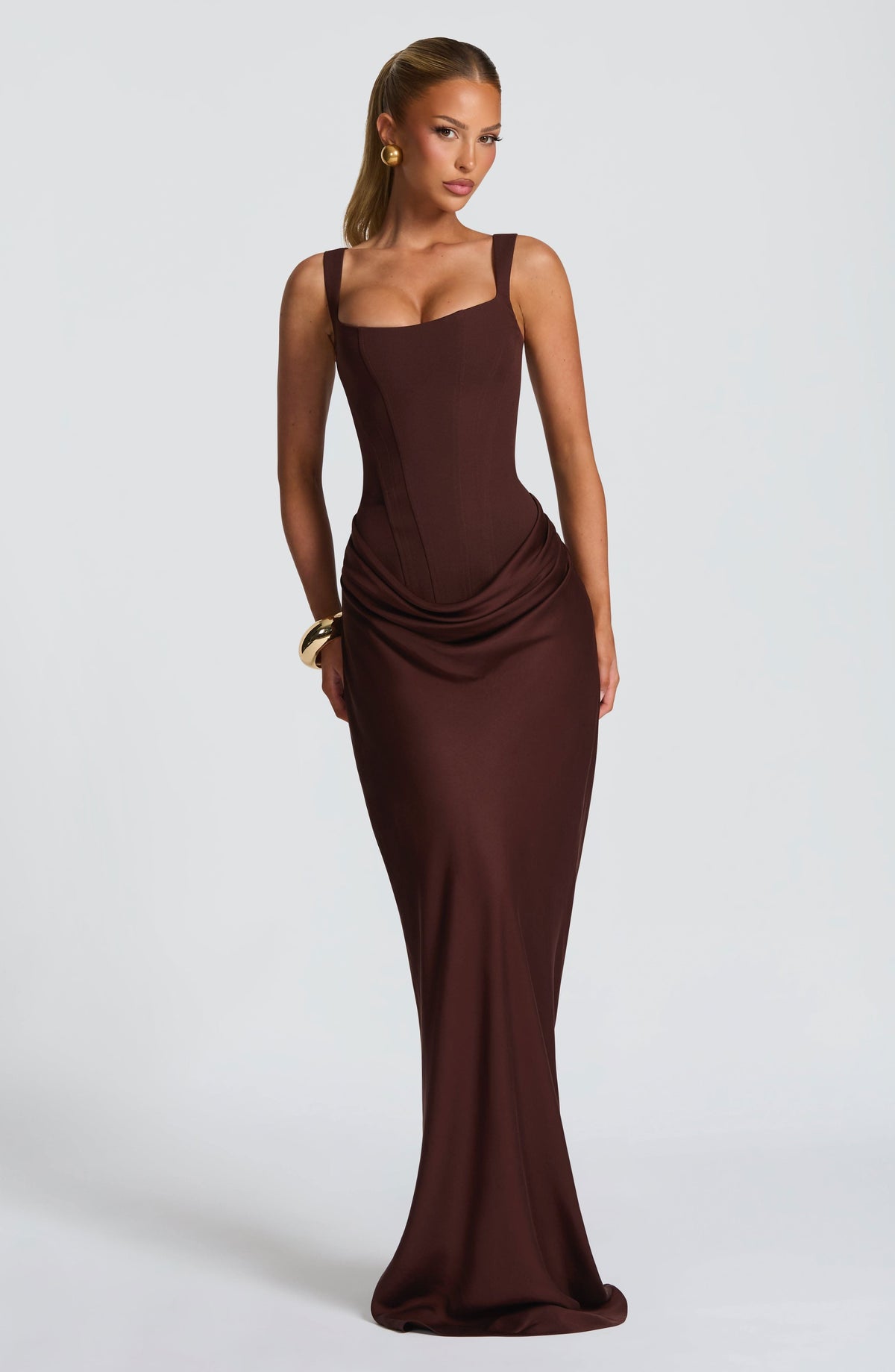 Corset Bodice Draped Hip Wide Strap Floor Length Maxi Dress
