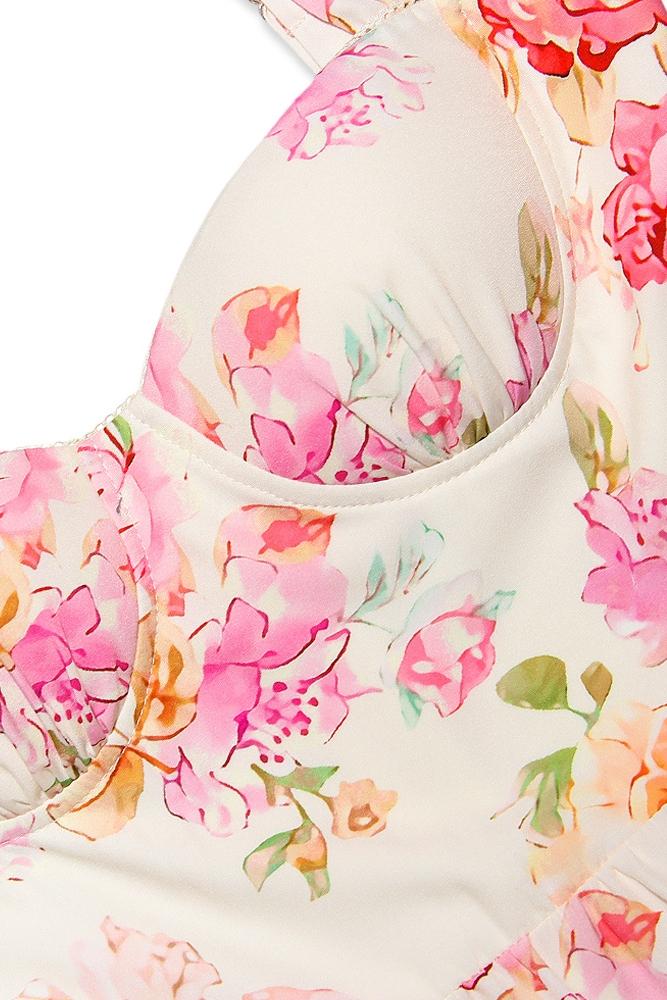 Floral Print Corset Sweetheart Neckline Scalloped Trim Midi Dress