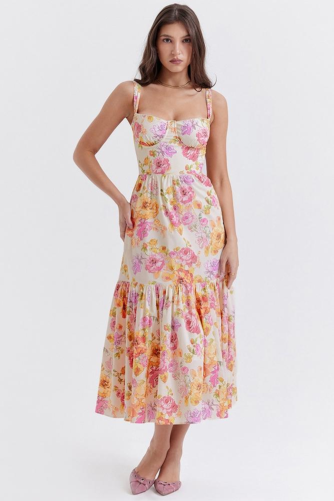 Floral Print Corset Sweetheart Neckline Scalloped Trim Midi Dress