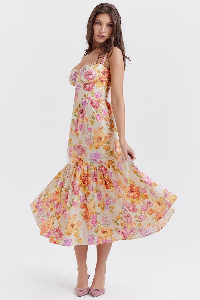 Floral Print Corset Sweetheart Neckline Scalloped Trim Midi Dress