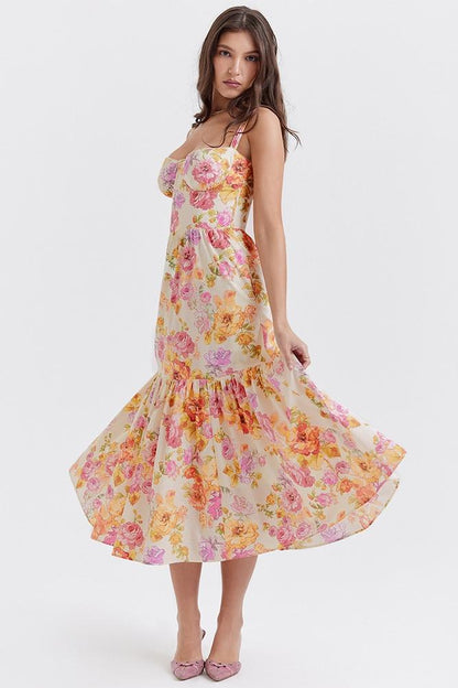 Floral Print Corset Sweetheart Neckline Scalloped Trim Midi Dress