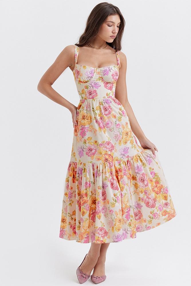 Floral Print Corset Sweetheart Neckline Scalloped Trim Midi Dress