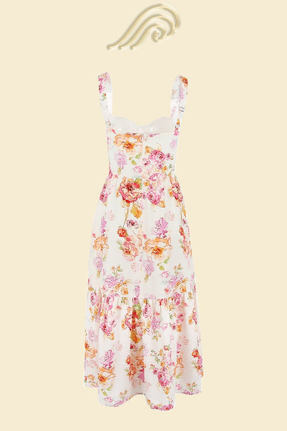 Floral Print Corset Sweetheart Neckline Scalloped Trim Midi Dress