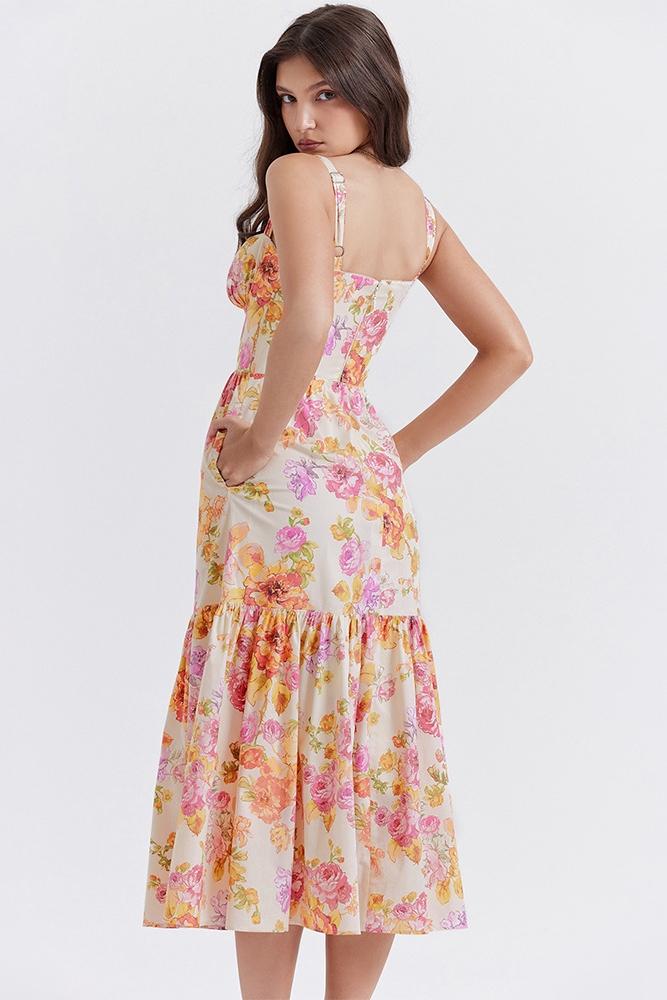 Floral Print Corset Sweetheart Neckline Scalloped Trim Midi Dress
