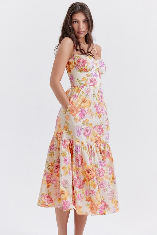 Floral Print Corset Sweetheart Neckline Scalloped Trim Midi Dress