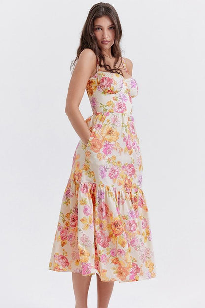 Floral Print Corset Sweetheart Neckline Scalloped Trim Midi Dress