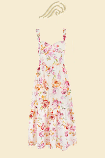 Floral Print Corset Sweetheart Neckline Scalloped Trim Midi Dress