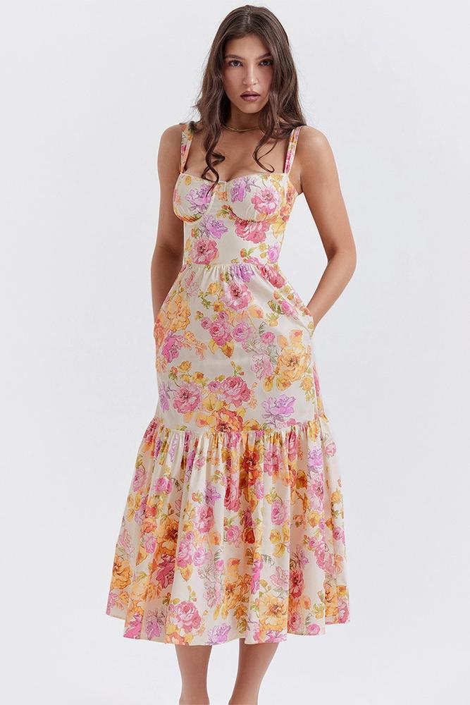 Floral Print Corset Sweetheart Neckline Scalloped Trim Midi Dress
