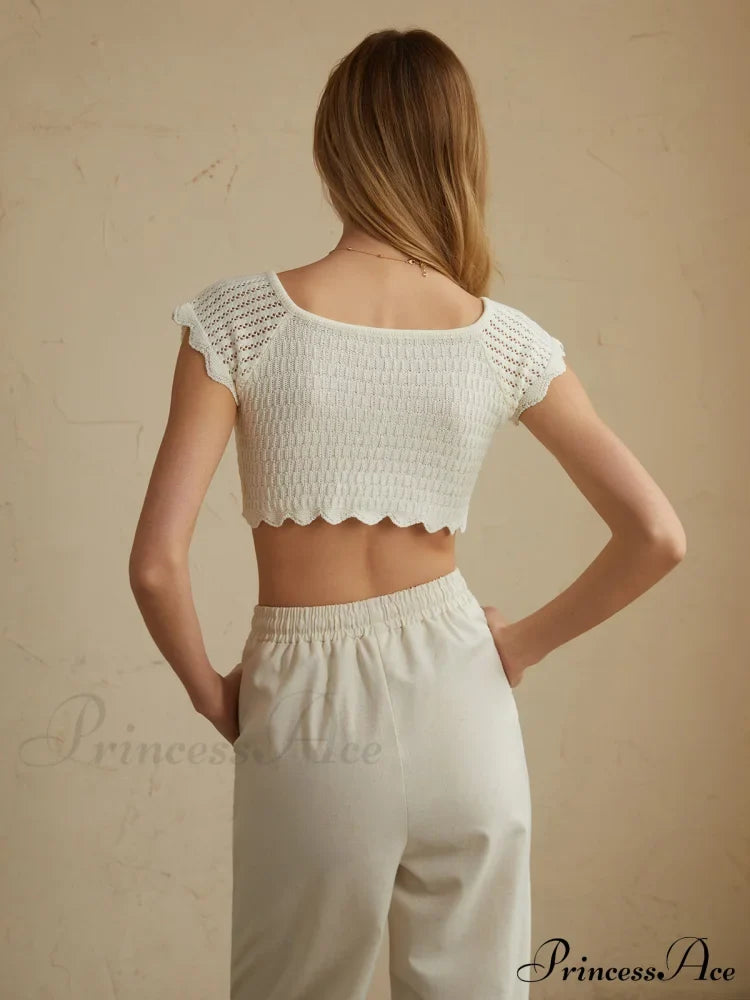 Cotton Eyelet Lettuce Trendy Trim Crop Knit Top