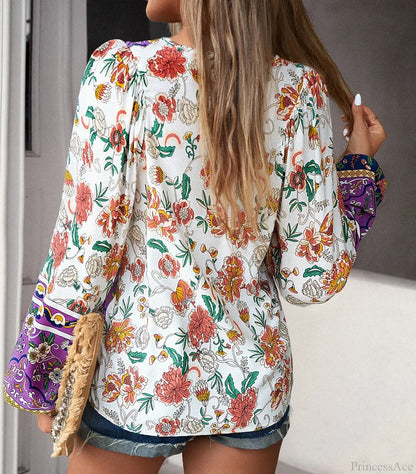 Cotton Rayon Floral Printed Long Sleeve Beach Boho Blouse