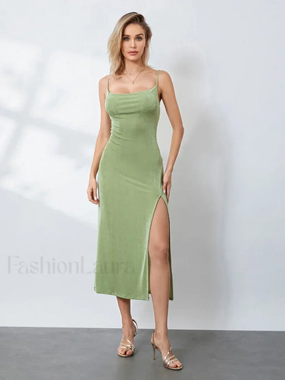 Green Cowl-neck Slip Midi Dress
