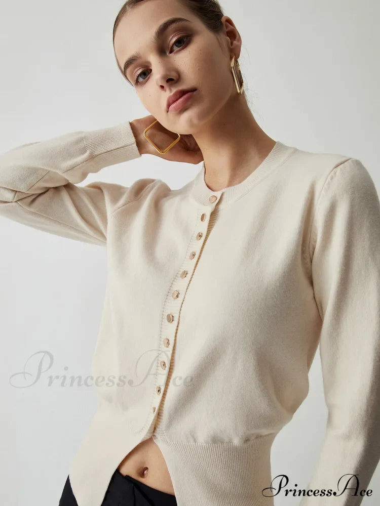 Cream Button Graceful Down Curved Cardigan