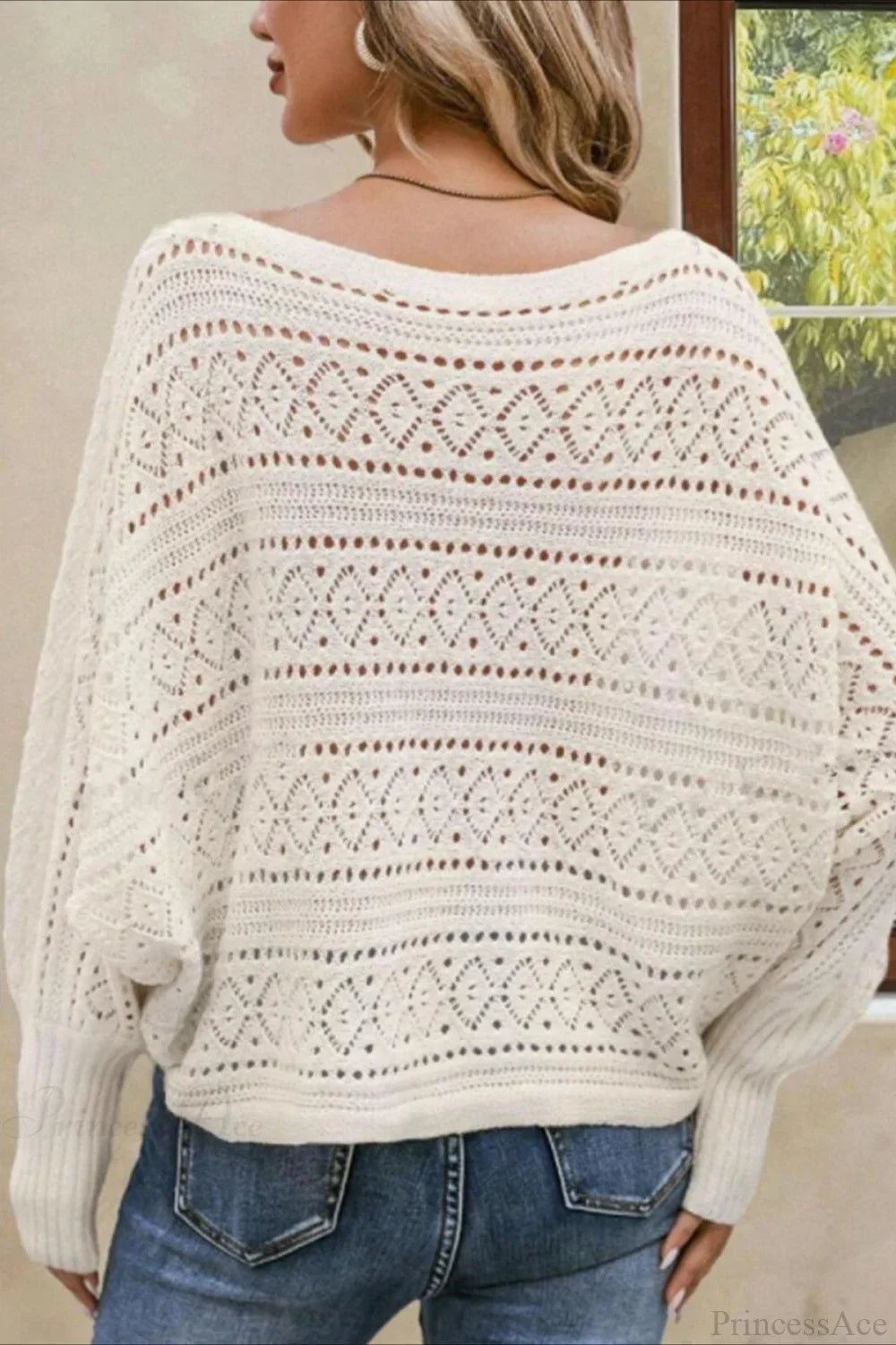 Crochet Openwork Batwing Off-the-Shoulder Pullover Blouse