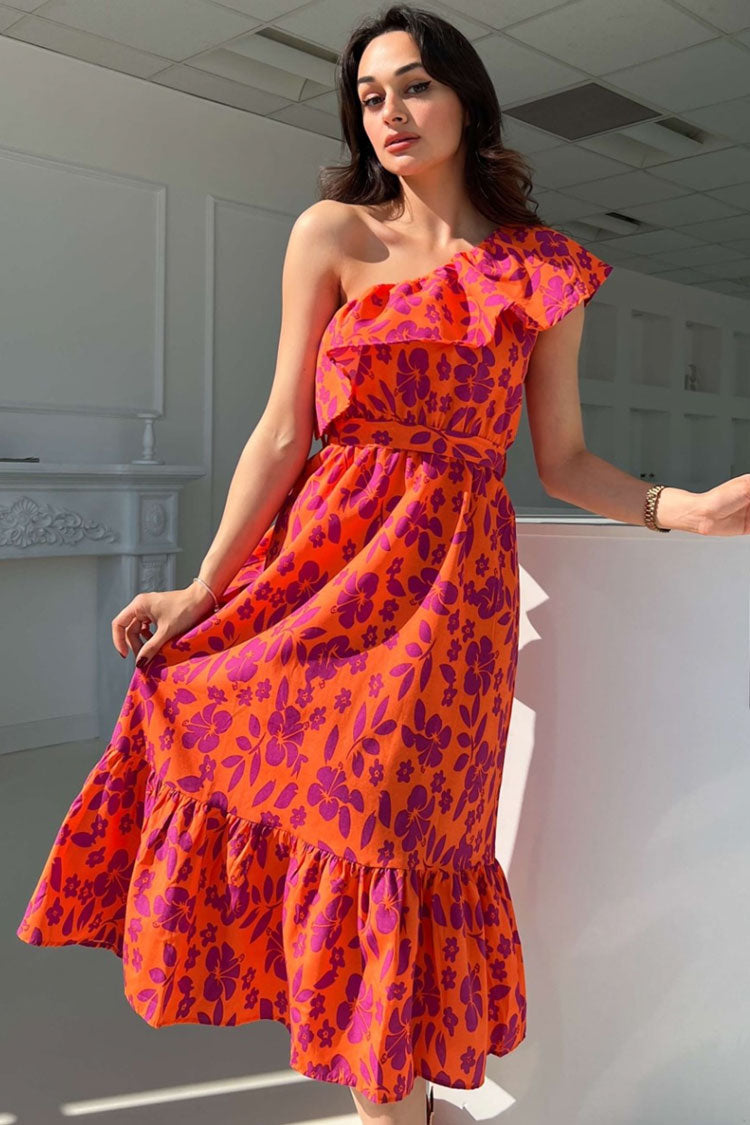 Floral Print One Shoulder Ruffle Strap Tiered Ruffle Hem Midi Dress