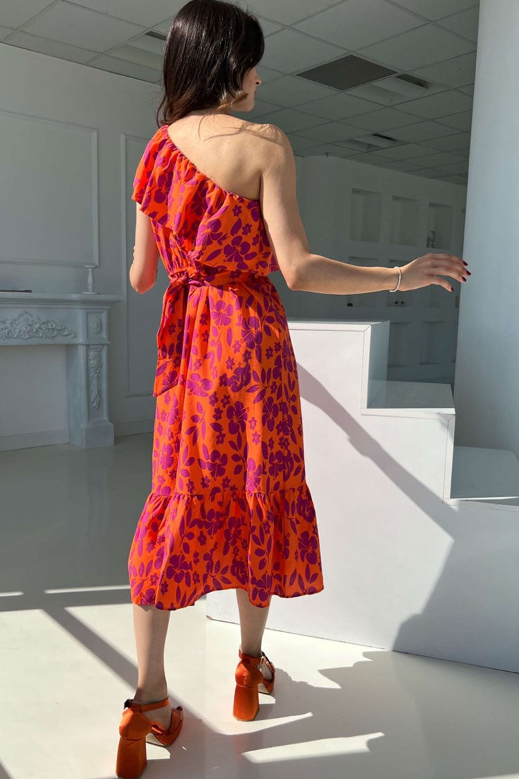 Floral Print One Shoulder Ruffle Strap Tiered Ruffle Hem Midi Dress