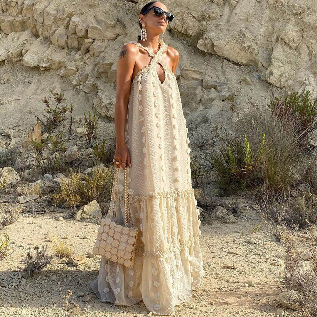 Floral Ruffle Cross Cutout Sleeveless Maxi Dress