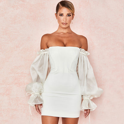 Off Shoulder Corset Bodice Sheer Puff Sleeve Ruffle Cuff Mini Dress