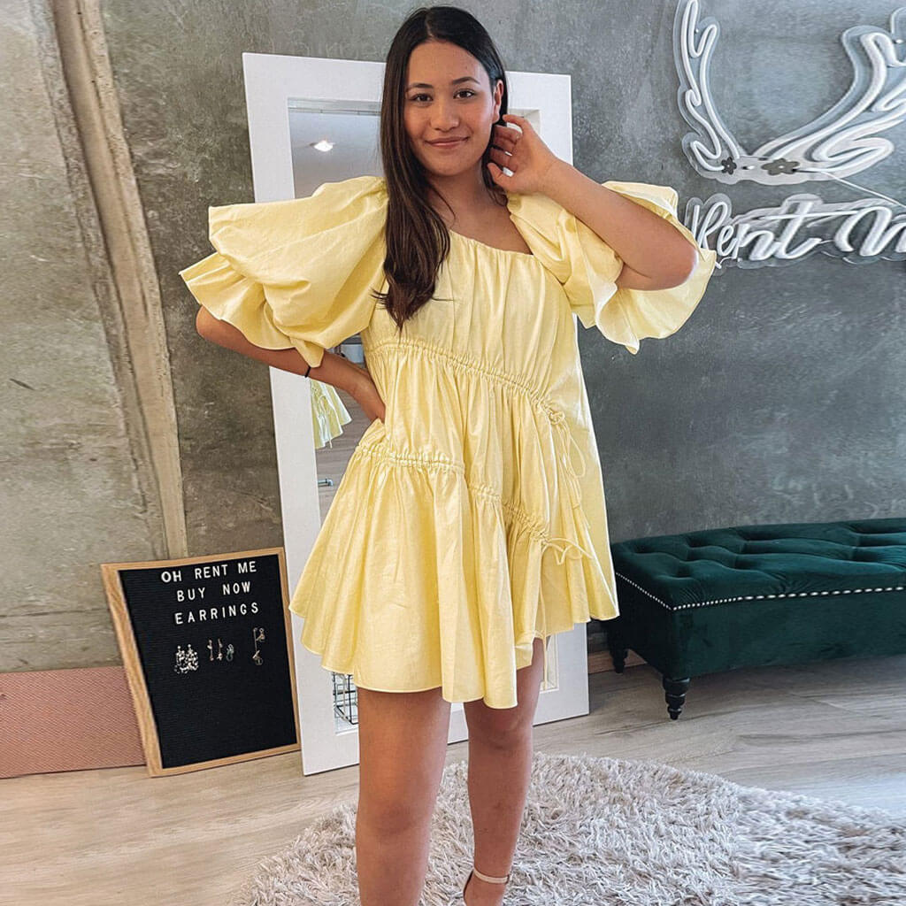 Square Neck Tiered Puff Sleeve Smocked Waist Babydoll Mini Dress