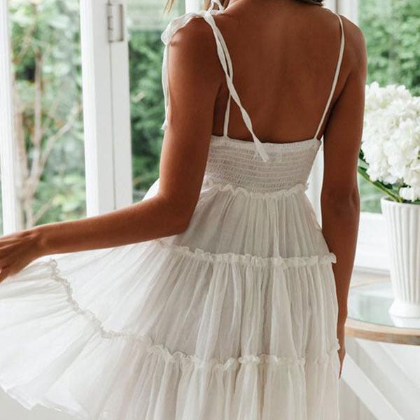 Tie Shoulder Scoop Neck Tiered Ruffle Gauzy Flared Mini Dress