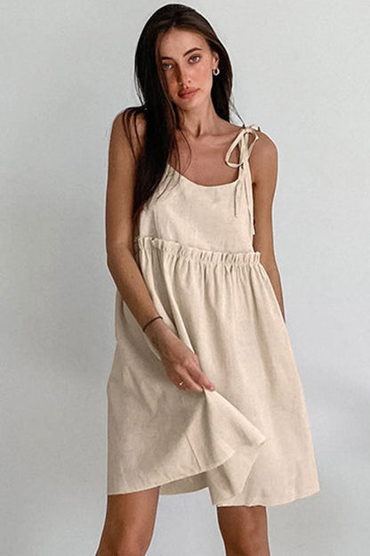 Tie Shoulder Strap Empire Waist Ruffle Tier Linen Summer Mini Dress