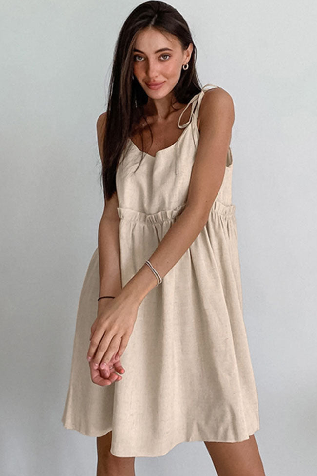 Tie Shoulder Strap Empire Waist Ruffle Tier Linen Summer Mini Dress