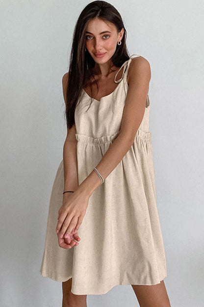 Tie Shoulder Strap Empire Waist Ruffle Tier Linen Summer Mini Dress