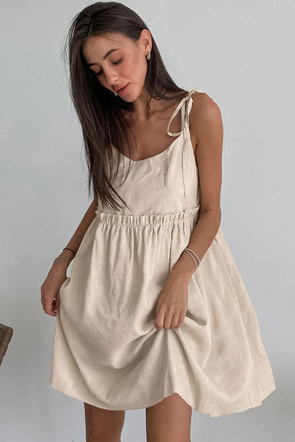 Tie Shoulder Strap Empire Waist Ruffle Tier Linen Summer Mini Dress