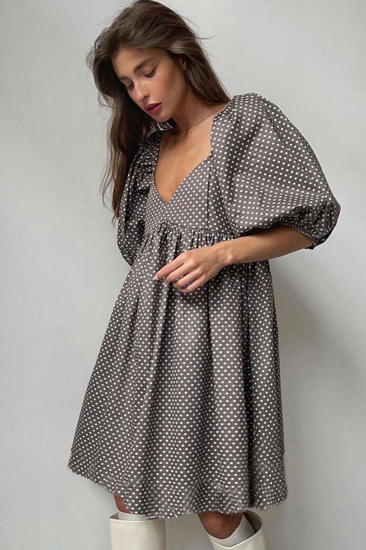 V Neck Puff Sleeve Polka Dot Lace Trim Babydoll Mini Dress