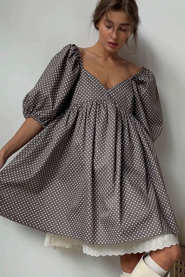 V Neck Puff Sleeve Polka Dot Lace Trim Babydoll Mini Dress