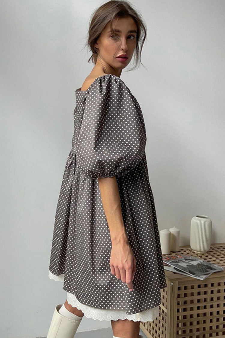 V Neck Puff Sleeve Polka Dot Lace Trim Babydoll Mini Dress