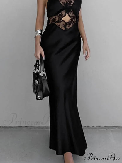 Cutout Lace Trim Trendy Stain Long Dress