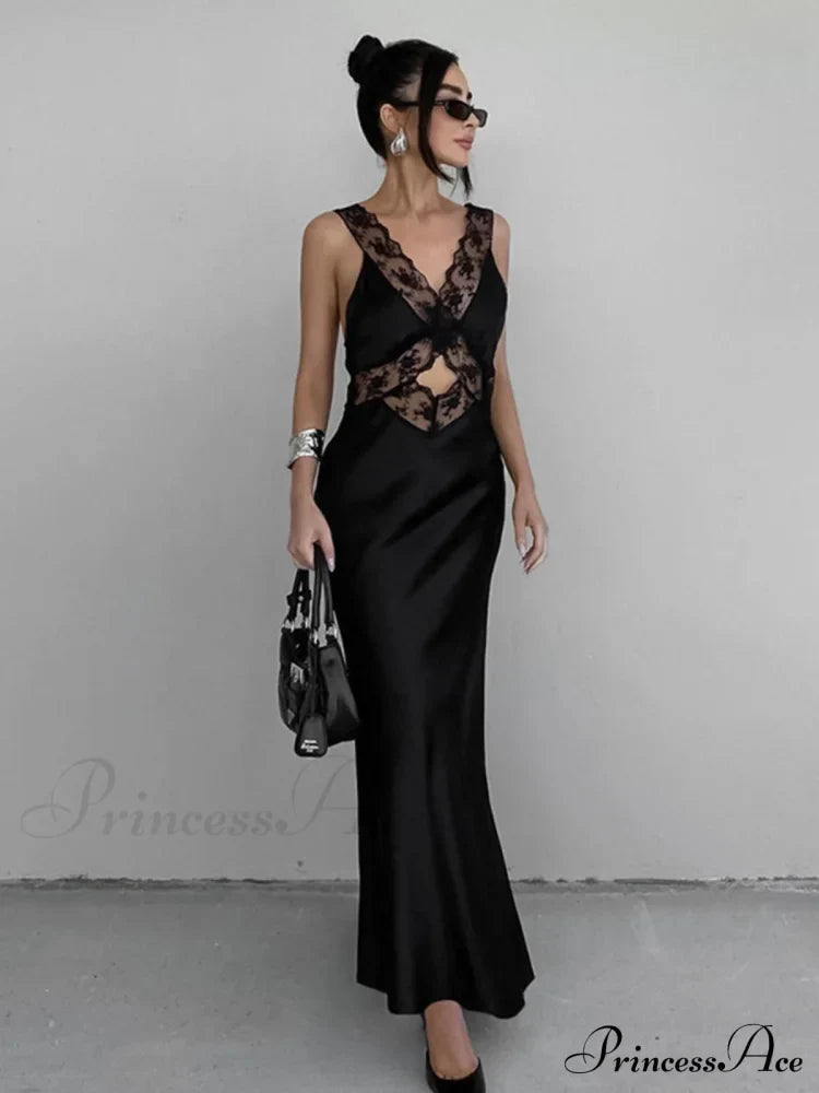 Cutout Lace Trim Trendy Stain Long Dress