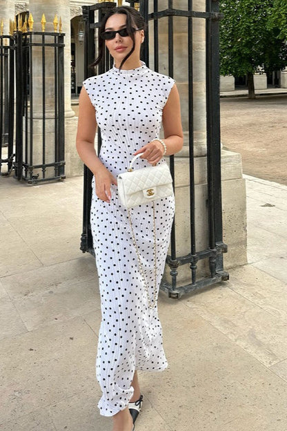 Polka Dot Mock Neck Sleeveless Bodycon Maxi Dress