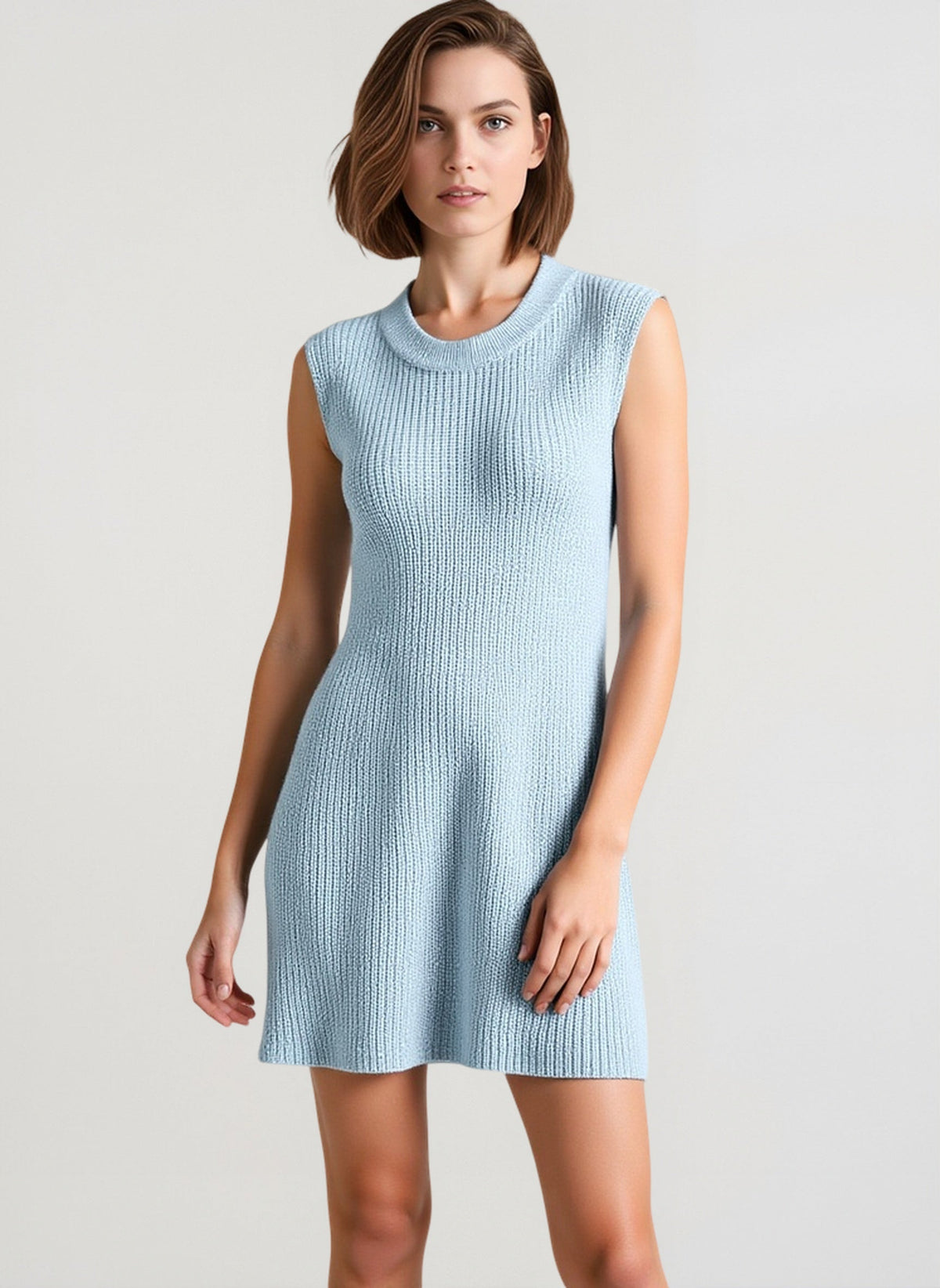 Ribbed Crew Neck Side Slit Knit Shift Mini Dress