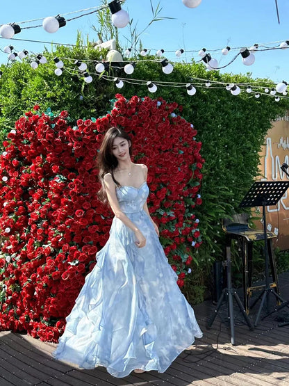 Evening Party Dress Summer Spaghetti Straps High Waist Ruffles Patchwork Print French Dresses Beach Holiday Fairy Long Dresses
