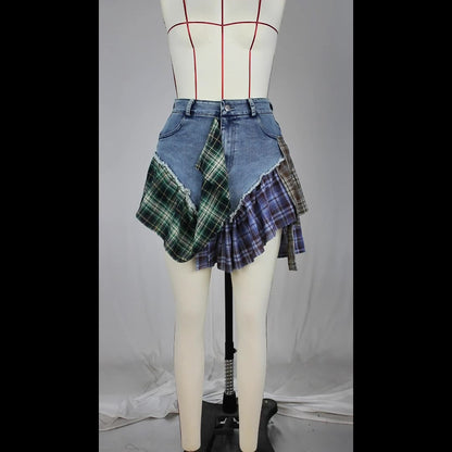 Plaid Patchwork Ruffles Jeans Skirts Shorts Women Summer High Waist Button Fly Pockets Fashion Casual Culotte Streetwear