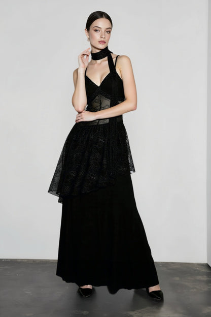 Lace Waist Sheer Overlay Tiered Scarf Neck Maxi Dress