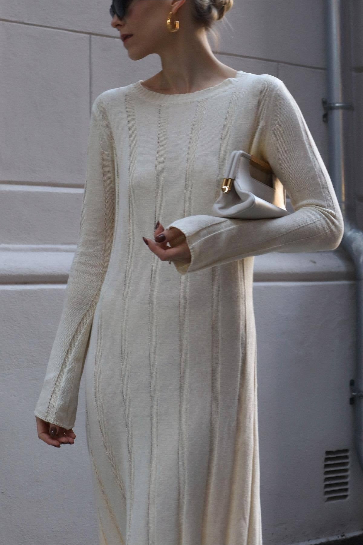 Rib Knit Long Sleeve Flare Hem Maxi Sweater Dress