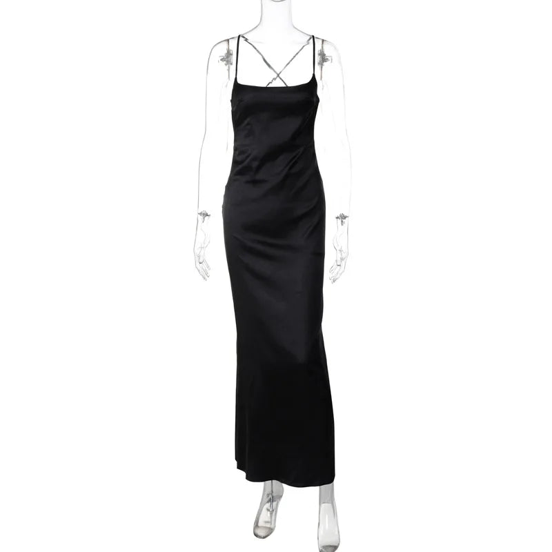 Backless Floral Strap Long Dress Women's Summer Fashion Solid Color Slim Strap One-Neck Evening Dress Elegant Long Dress