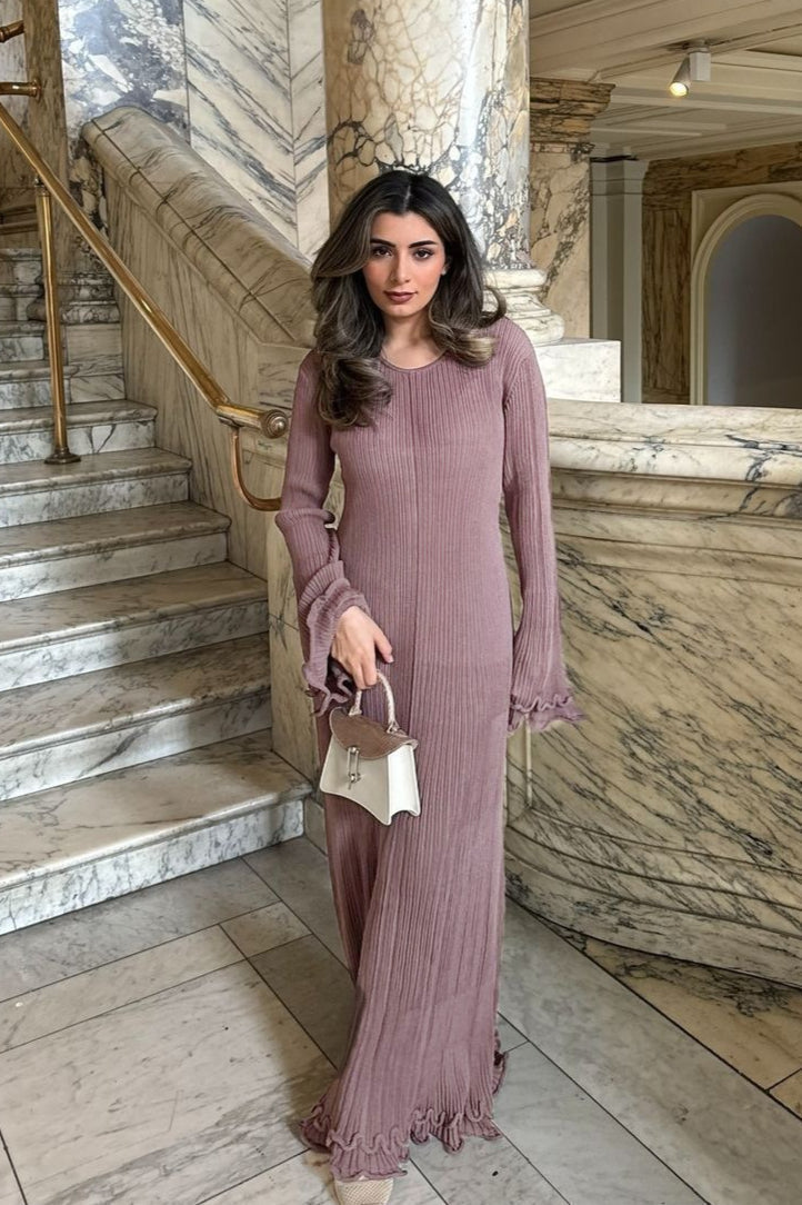 Rib Knit Ruffled Cuff Lettuce Hem Long Sleeve Maxi Dress