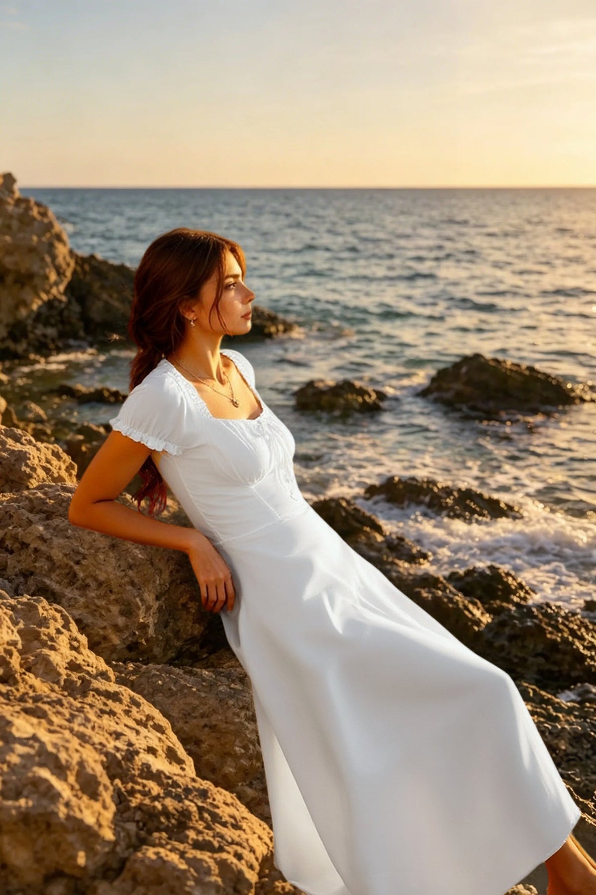 Sweetheart Tie Front Puff Sleeve Fit and Flare Midi Dress