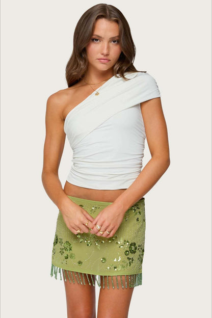 Sequin Floral Print High Waist Mini Skirt