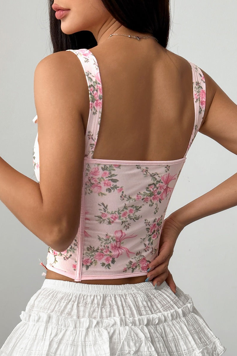 Floral Print Boned Cross Tie Bow Tank Top